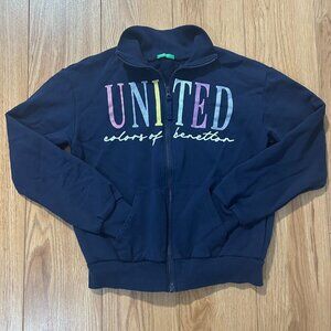 United Colors Of Benetton Full Zip Sweater Womens XS Blue Spellout EUC